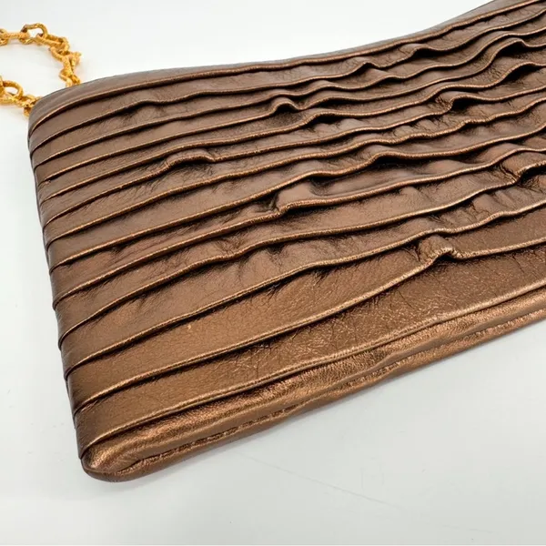 Dominique Cohen Metallic Copper Pleated Clutch‎ with Chain and Horn Detail OS - Image 2