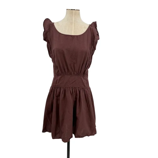 Free People Erin Ruffled Mini Dress Cut Out Back Linen Brown Size Large - Image 3