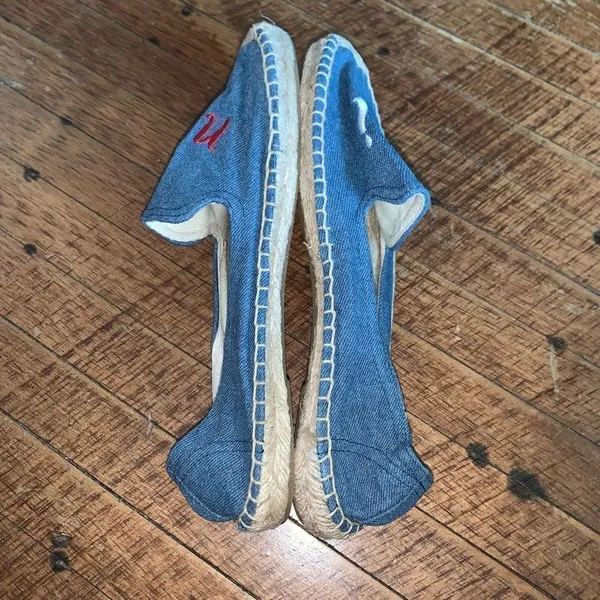 Soludos denim blue embroidered Oui Non raffia slip on shoes - Image 5