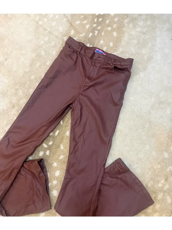 Edikted Brown Coated High Rise Flare Pants Size L Faux Leather Look Y2K - Image 3