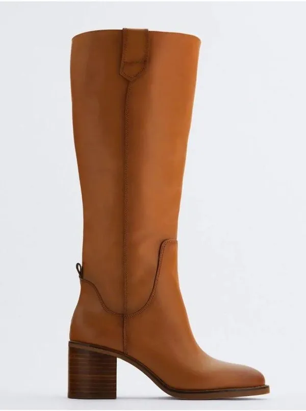 Zara Leather Knee High Block Heel Pull On Boots - Image 5