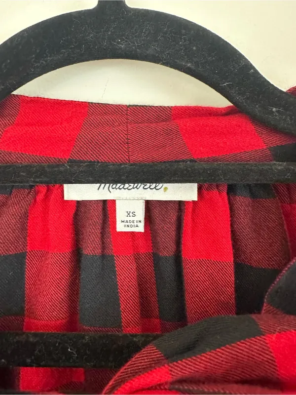 Madewell Red and Black Plaid Flannel Tie-Neck Top Size XS Women's - Image 4