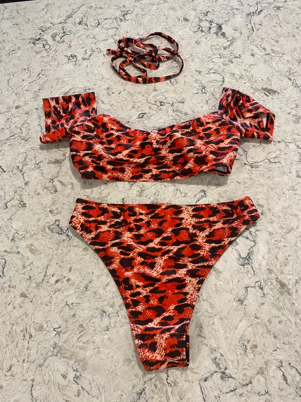 Red Cheetah Print Off Shoulder Swim Suit Set - Image 2