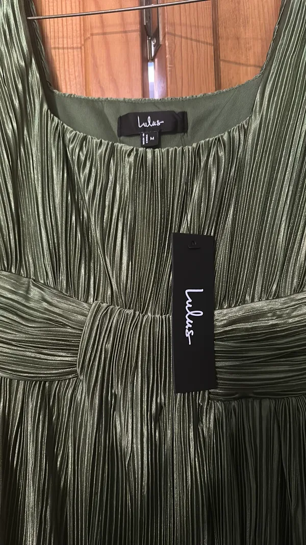 Ameena Olive Green Plisse Square Neck Sash Maxi Dress - Image 5