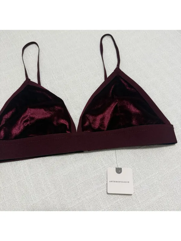 Anthropologie Burgundy Plum Velvet Triangle Spaghetti Strap Unlined Bralette NWT - Image 4