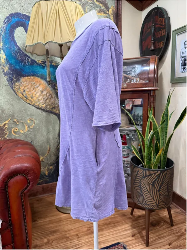 NeWViV Lavender Mineral Wash Knit Romper S 100% Cotton Raw Seam Keyhole Pocket - Image 4