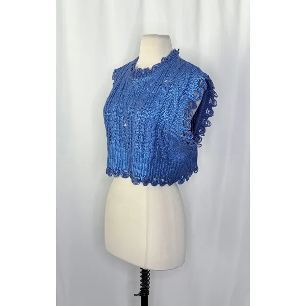 ZARA Metallic Blue Cropped‎ Sweater Cableknit Distressed Cable Knit Crop Small - Image 6