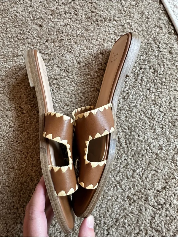 a new day Brown Leather Slip-On Mules with Cream Scalloped Trim - Image 4