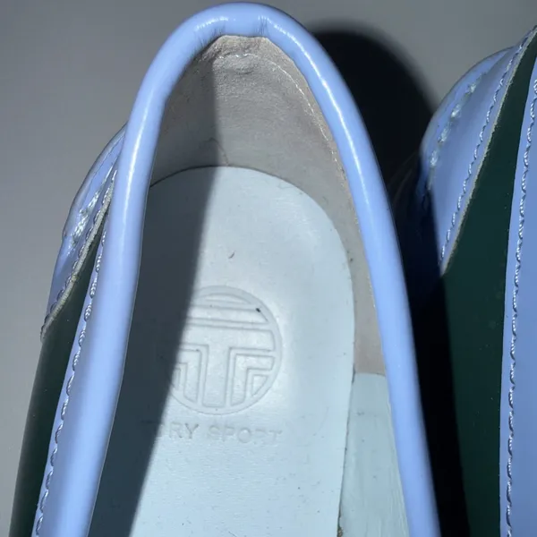 Tory Burch Sport Patent Leather Pocket Tee Golf Loafers 8 Color Block Green Blue - Image 5