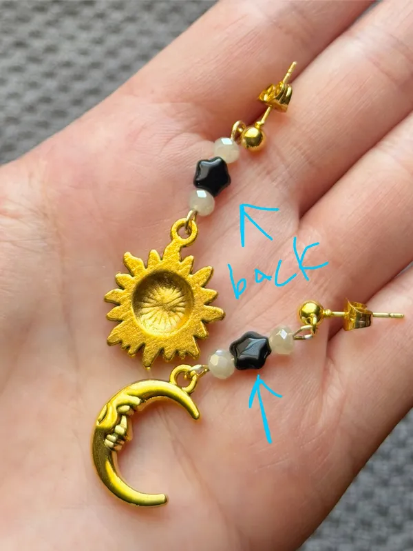 Handmade gold tone moon & sun boho fairly retro hippie dangle earrings 🌞🌙✨ 🍃 - Image 6