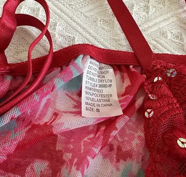 Women’s Pink & Red Mesh Lace & Sequins Babydoll Lingerie Top Sz S Small - Image 10