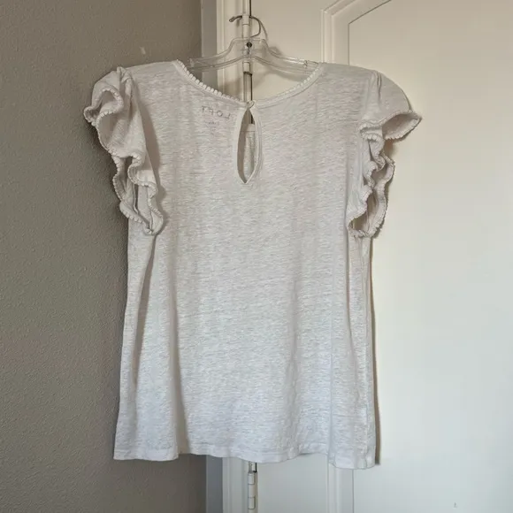 LOFT White 100% Linen Flutter Sleeve Top M Pleated Neck Lightweight - Image 5