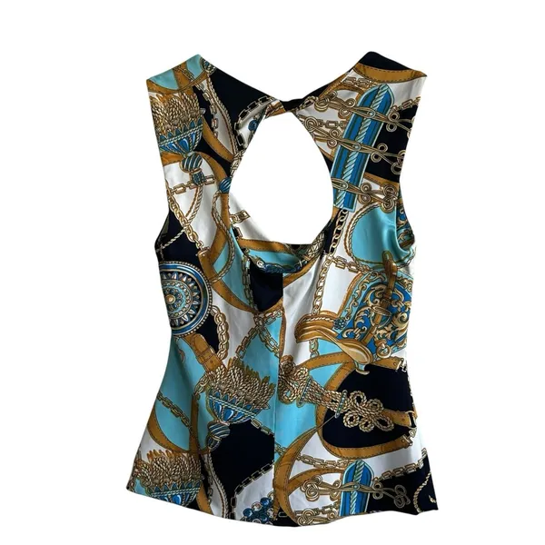 Cache VTG Y2K Top Sz S Draped Neck Sleeveless Equestrian Print Cut Out Back - Image 2