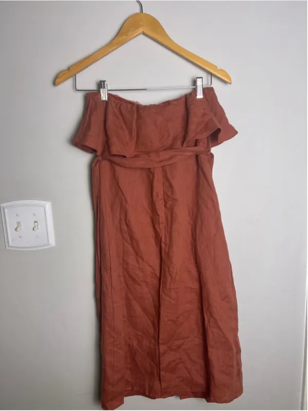 Oliveaceous Rust Linen Blend Strapless Dress S Boho Ruffle Tie Waist Capsule - Image 4