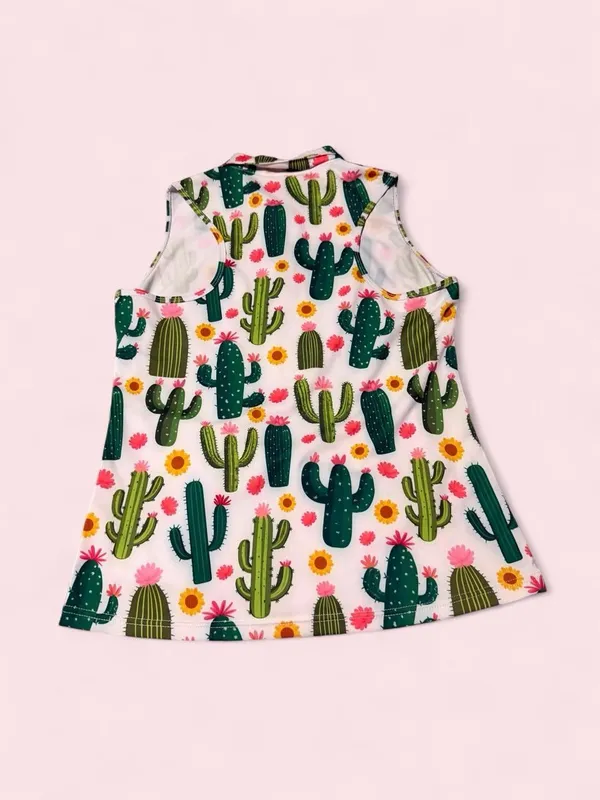Sleeveless Cactus Print Golf Tank Top - White & Green - Image 2