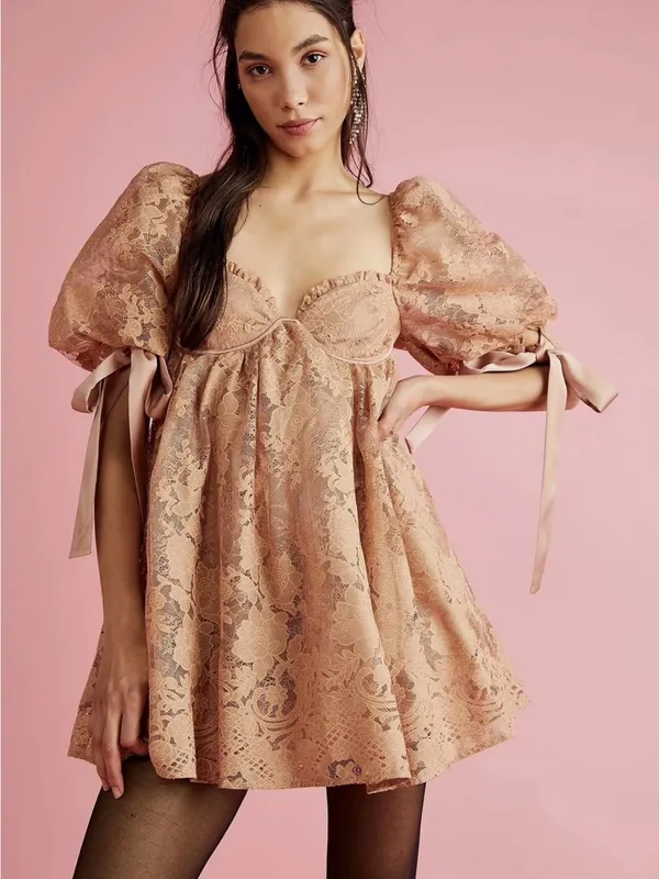 For Love & Lemons Size L Mauve Lace Puff Sleeve Mini Dress Satin Bow Ties - Image 2