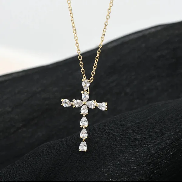 Zircon Cross Necklace Gold - Image 2