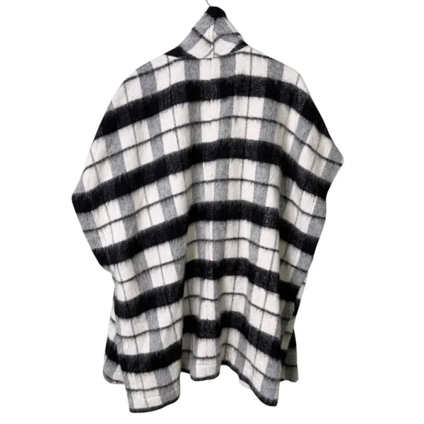 Lucky Brand Wool Oversized Plaid Shawl Poncho Cardigan Sweater Black White Large - Image 2