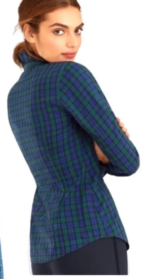 BROOKS BROTHERS Women's 8 Tartan Navy Plaid Long Sleeve Button Top Ruffle Neck - Image 2