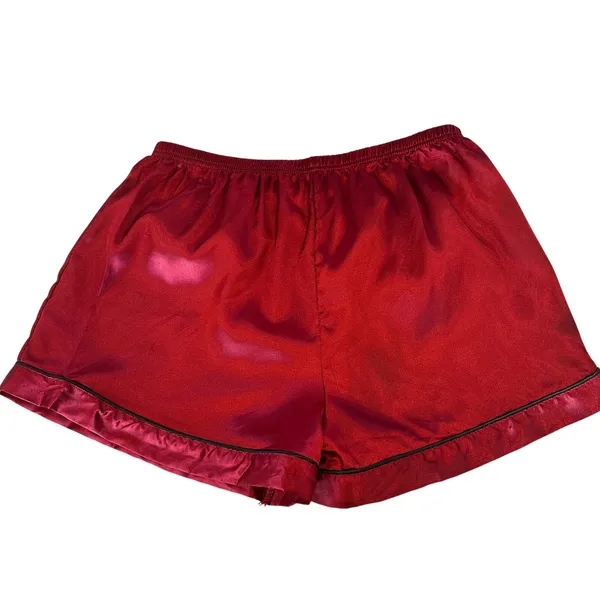 Red Satin Pajama Shorts XL Black Trim Valentines Silky - Image 2