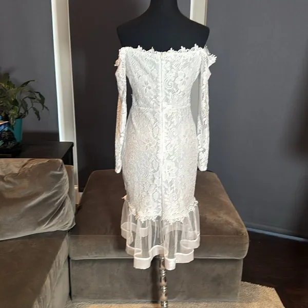 White Floral Lace Long Sleeve Off the Shoulder BodyCon Party Dress Size M *READ - Image 4