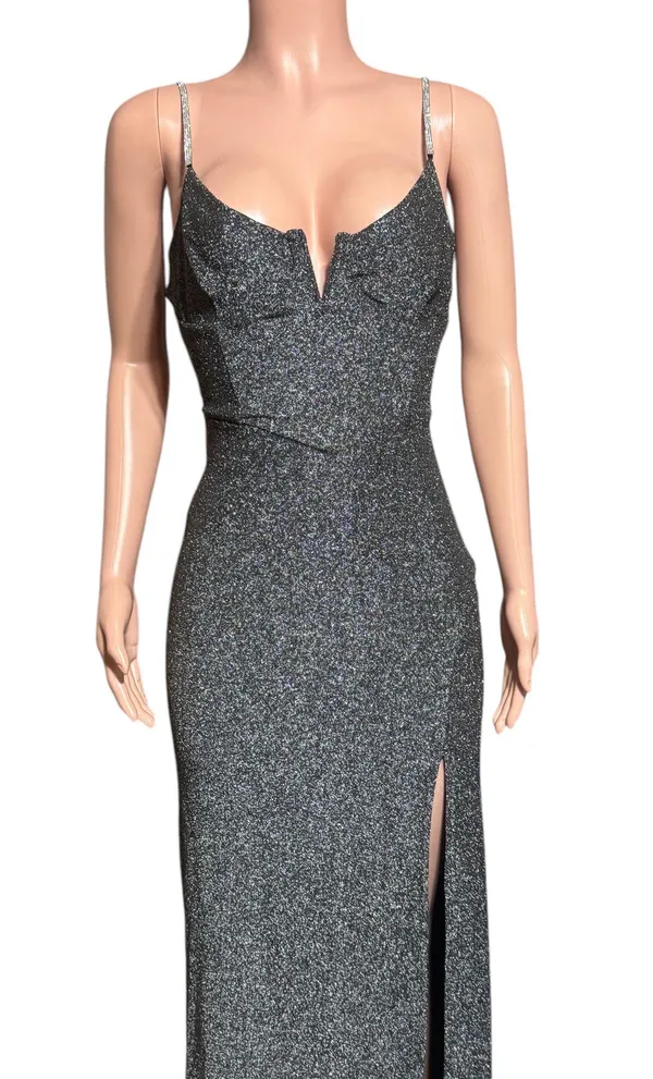 Black sparkly maxi dress with plunging neckline and side split #glamour M - Image 5