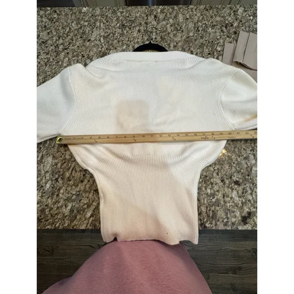 Fore Balloon Sleeve Cardigan Sweater Ivory Size Small Gold Button Ribbed - Image 10