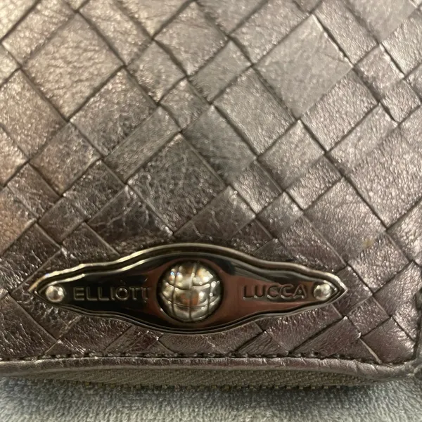 Elliott Lucca Wristlet Genuine Woven Leather Pewter Metallic Like New Condition - Image 11