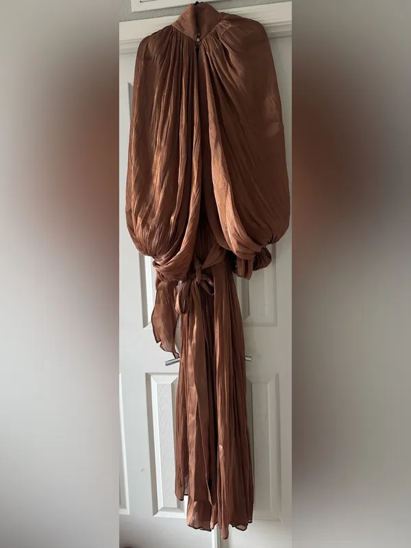 Miss Rosier Mila Brown Pleated Satin Maxi Dress size small - Image 8