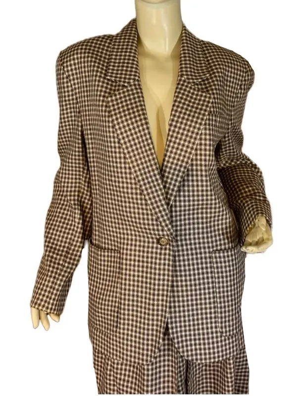 Vintage 1980'S Jh Collectibles Brown, Tan & Blue Plaid Wool Blend Skirt Set (8) - Image 7