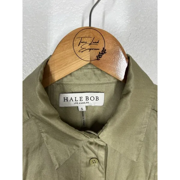 Hale Bob Satin Button Front Top Small Silk Blend Olive Puff Sleeves - Image 4