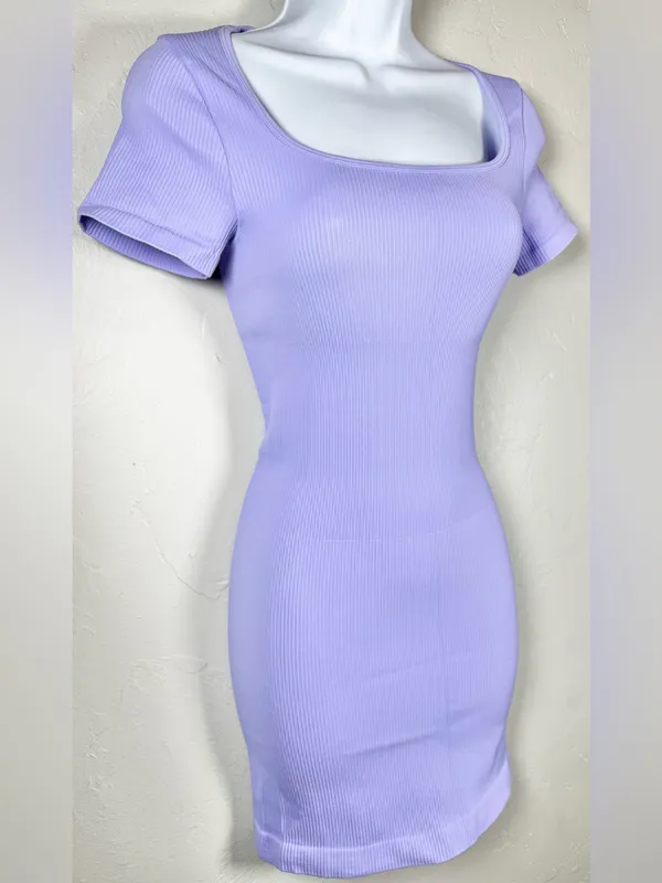OQQ Lavender/Lilac Square Neck Ribbed Mini Bodycon Dress Size Small - Image 4
