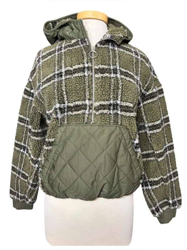 Zara Green Plaid Sherpa Fleece Quilted Pocket Pullover Hoodie (XS) - Image 2
