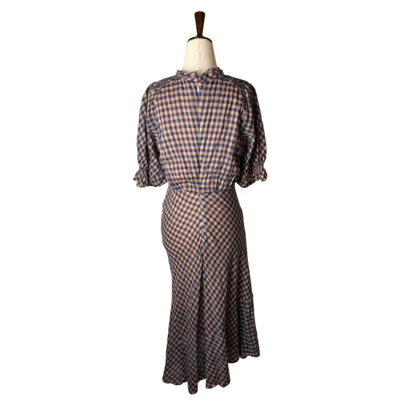 MINE Gingham Midi Dress Women Small Orange Blue Ruched Puff Sleeve Preppy Retro - Image 3