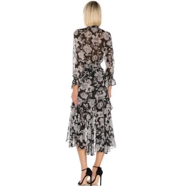 MISA Los Angeles Agnese Ruffle Tiered Midi Dress Chiffon Black Floral Boho XS - Image 3
