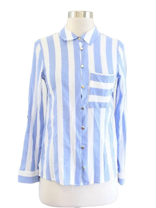 Soft Surroundings Light Blue and White Vertical Stripe Button-Down Shirt - Image 9