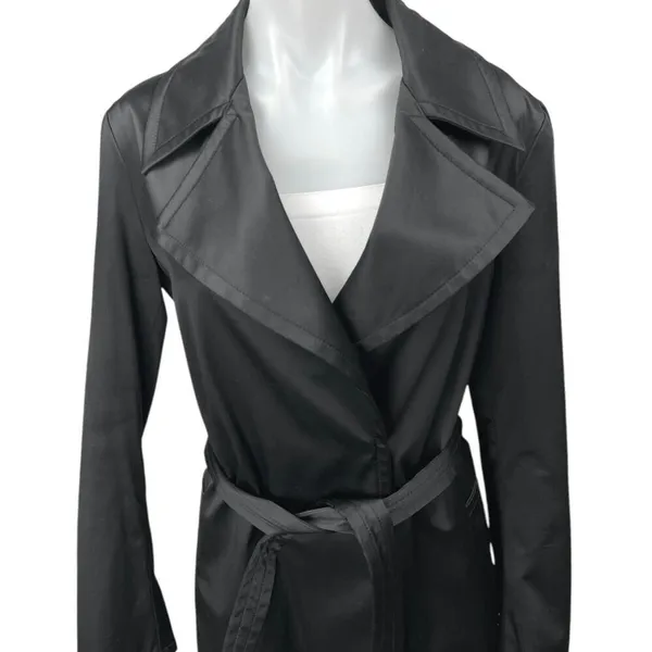 Zara Women's Black Faux Vegan Leather Belted Collar Trench Coat Rain Jacket Sz M - Image 3