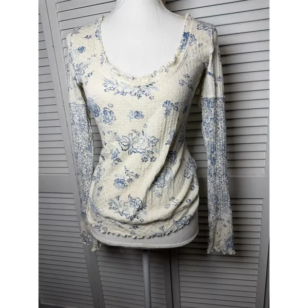 Free People We The Free Clover Thermal Size Small Ivory Blue NWT 100% Cotton - Image 4