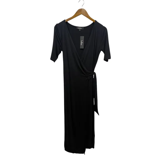 Lulus Forget Me Knot Black Midi Wrap Dress size Medium NWT - Image 3