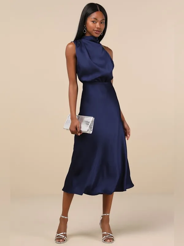 LULU’S Distinctive Charm Navy Satin Asymmetrical Midi Dress - Image 5