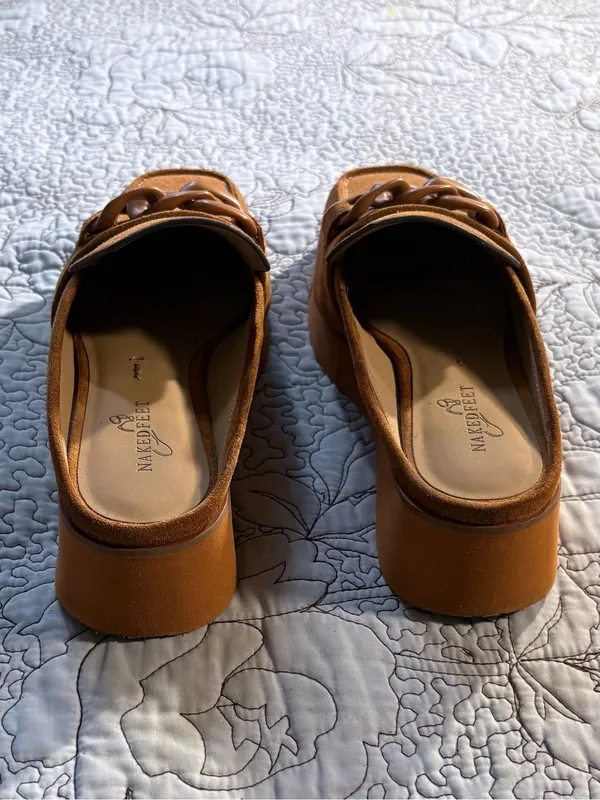 ☀️Naked Feet Elect Camel Suede Chain Platform Loafer Mules Sz 8🧡 - Image 2