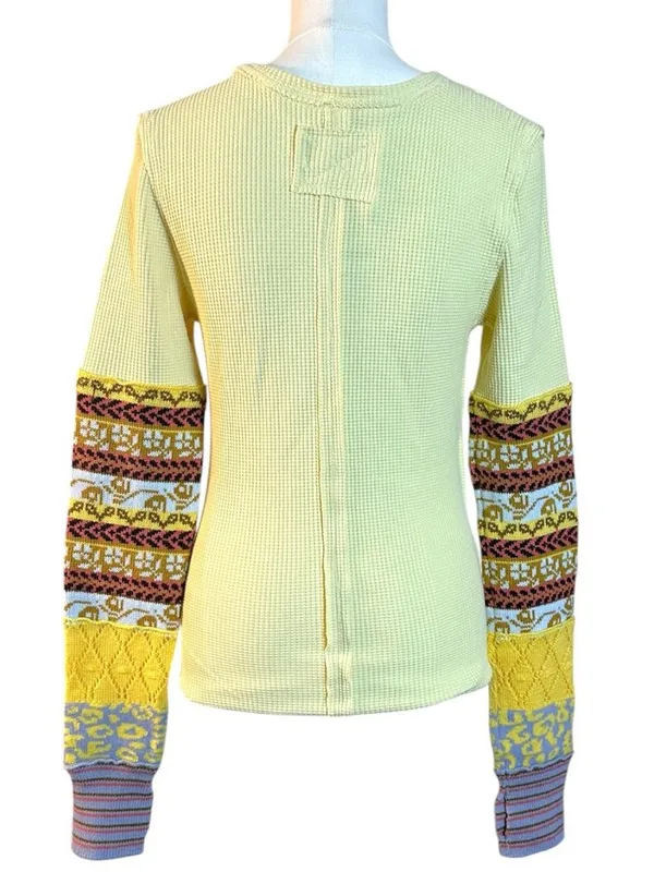 Free People All In Cuff Grunge 90s Thermal Sweater Crewneck Top Medium Yellow - Image 6