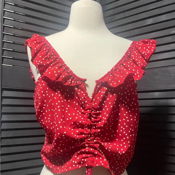 Lulu's Red Polka Dot Ruffle Crop‎ Top - Image 2