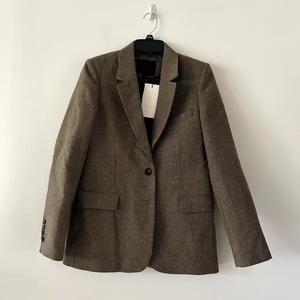 Zara Brown Wool Blend Checkered Heritage Academic Blazer NWT Size XS - Image 3