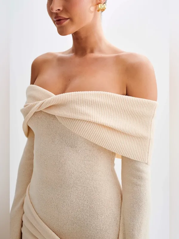 NWT‎ Meshki Camryn Off Shoulder Tie Knit Mini Dress Cream Marle Women’s Size L - Image 6