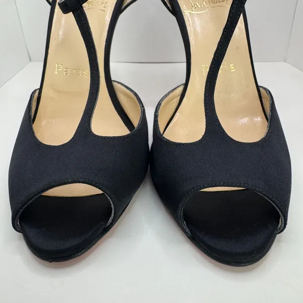 Y2K Christian Louboutin Ernesta Black Satin T-Strap Peep Toe Heels EU 37 - Image 6