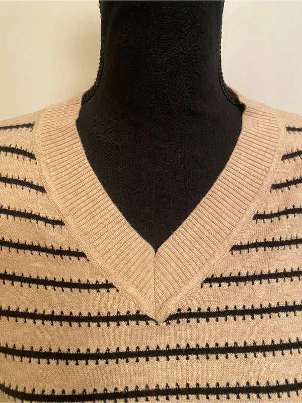 Striped V-Neck Short-Sleeve Knit Top Cream & Black Mesh by Wiholl - Image 3