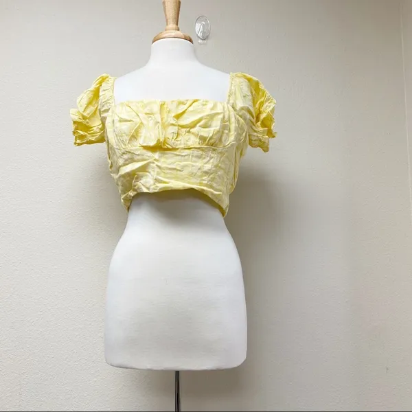 Capulet Keyla Yellow Plaid Linen Puff Sleeve Crop Top XL - Image 2