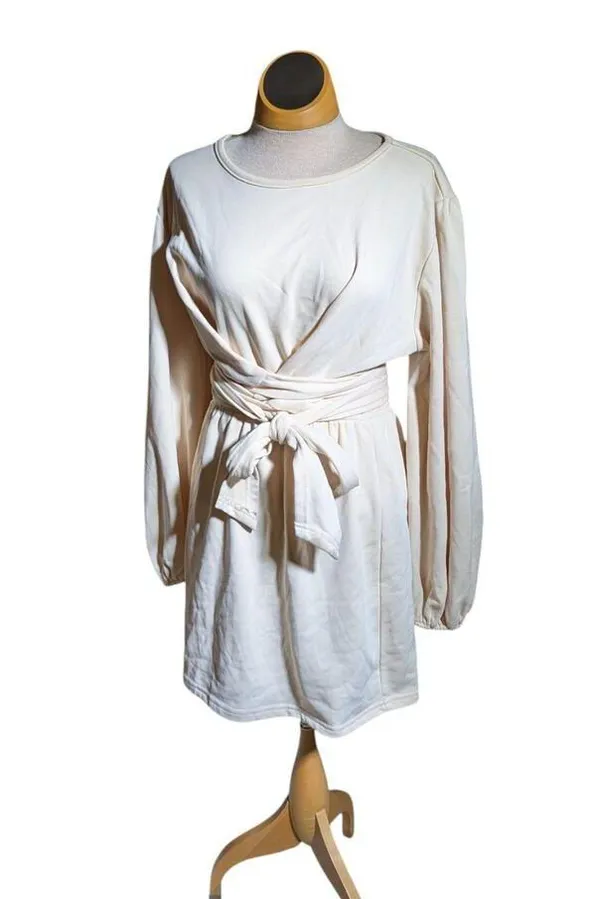 Sabo Skirt Ivory Gathered Long Sleeve Tie Waist Cotton Blend Mini Dress Sz M - Image 2