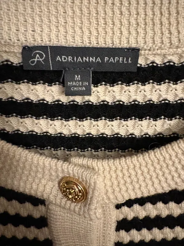 Adrianna Papell Wool blend cream black striped pointelle cardigan Size M - Image 4